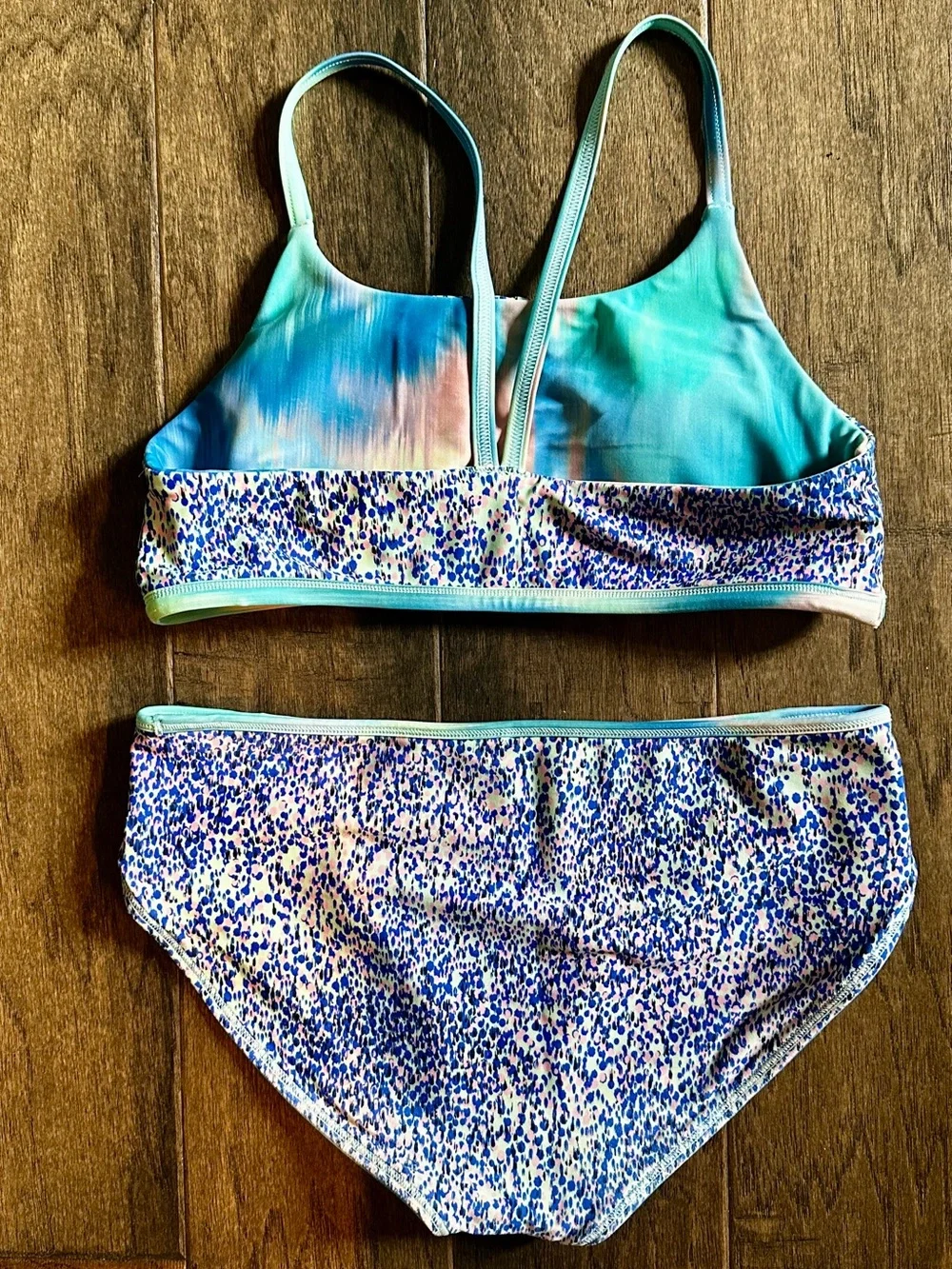 Athleta Aqua and Pink Reversible Tie-Dye Girls' Two-Piece Swim Bikini. Size XL